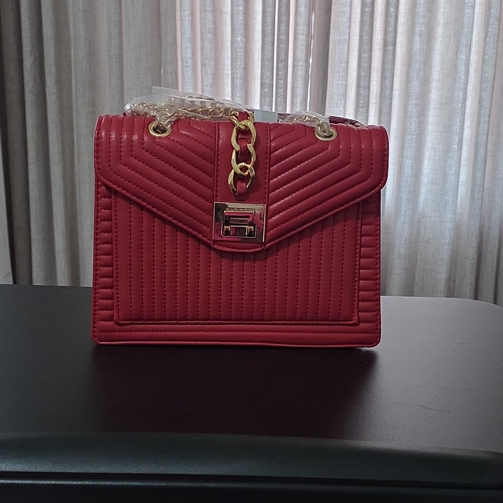 Badgley Mischka Red Quilted Shoulder Bag Chain Accent Detachable Strap