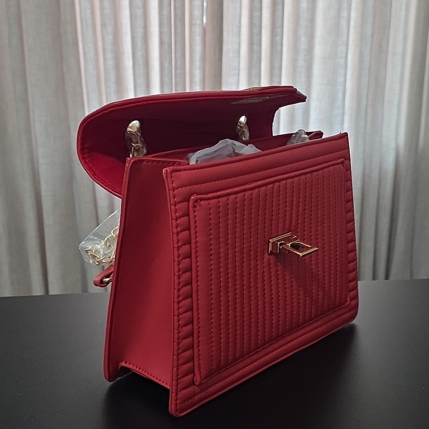 Badgley Mischka Red Quilted Shoulder Bag Chain Accent Detachable Strap