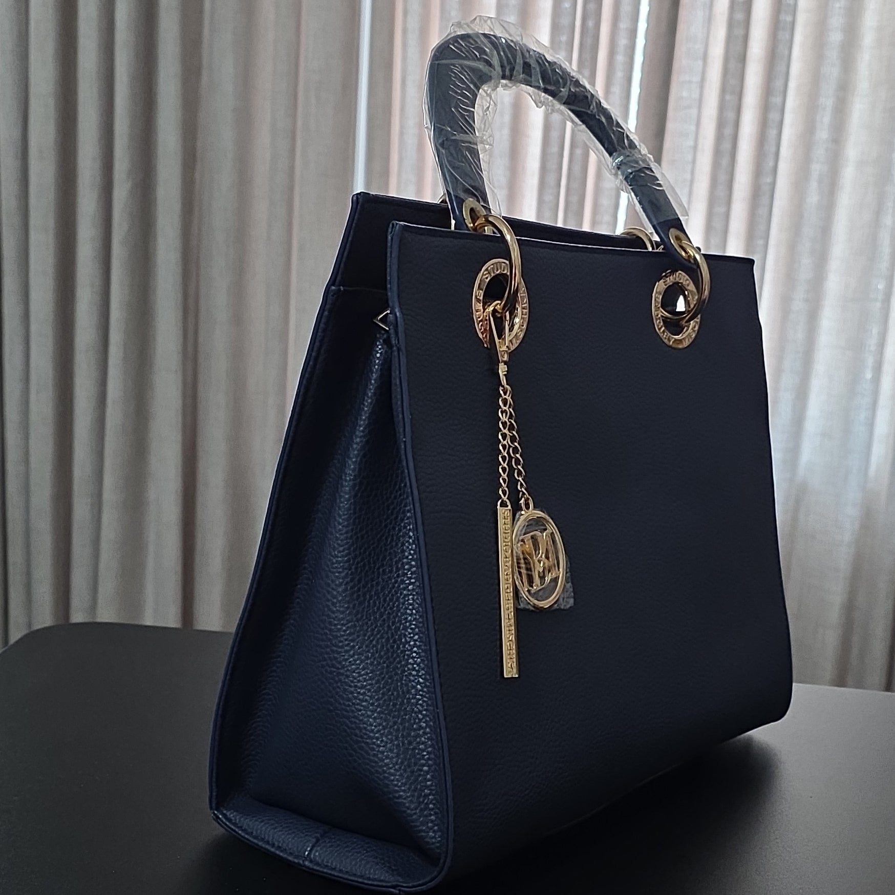 Badgley Mischka Navy Pebbled Top Handle Bag Gold Hardware Logo Bag Charm
