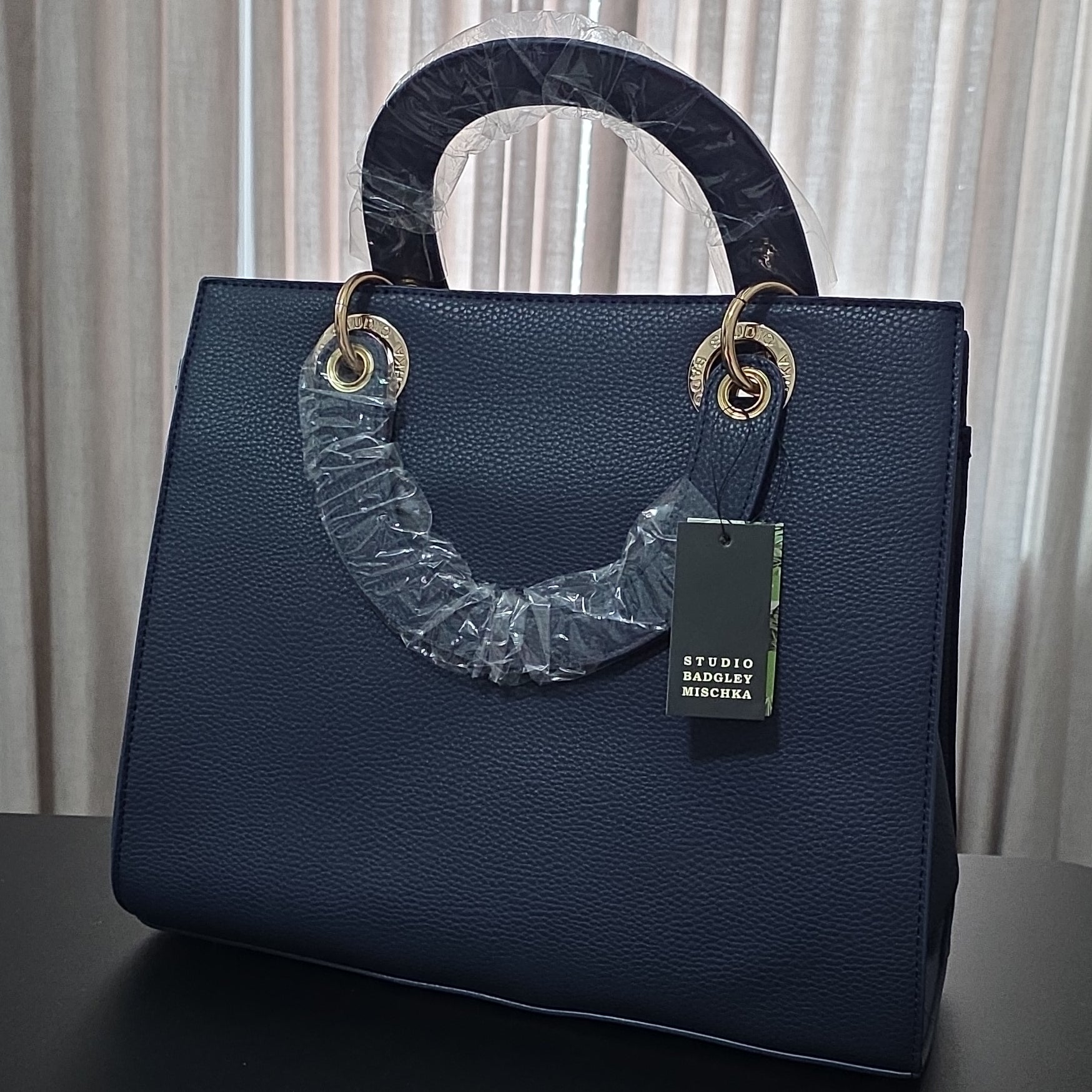 Badgley Mischka Navy Pebbled Top Handle Bag Gold Hardware Logo Bag Charm