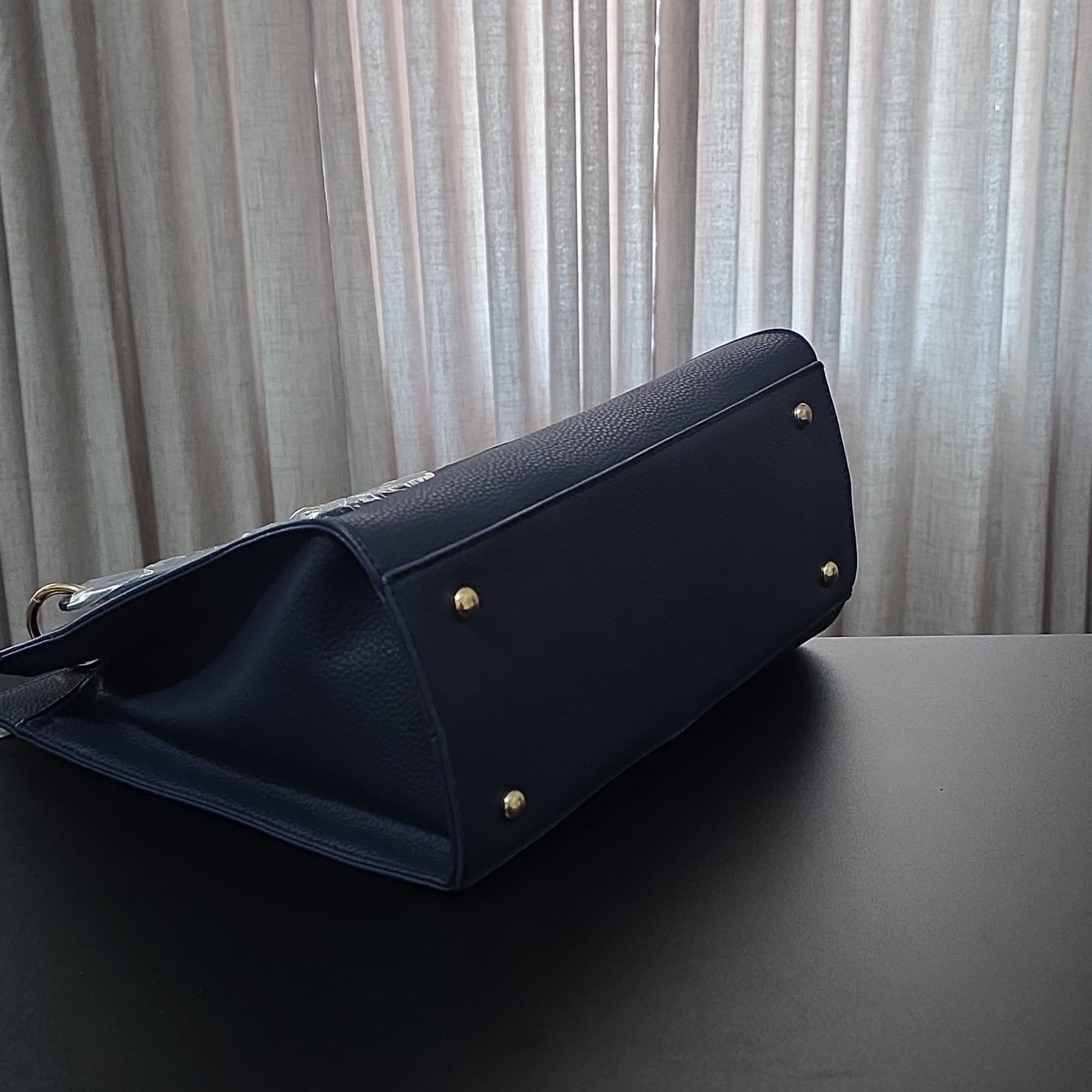 Badgley Mischka Navy Pebbled Top Handle Bag Gold Hardware Logo Bag Charm